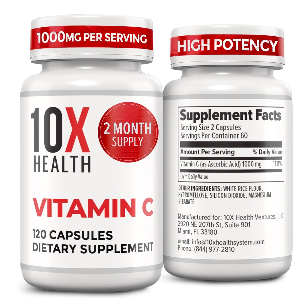 10X Salud Vitamina C 1000mg - 120 Capsules Vitamina C, Ácido ascórbico de alta dosis para la inmunidad, protección antioxidante, Collagen &amp; Tissue Support for Adults - VitaminC 1000 mg - Non-GMO, Gluten-Free