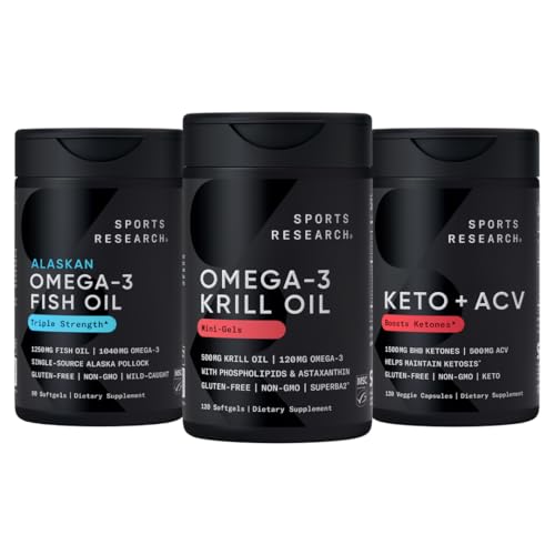 Sports Research Triple Strength Omega-3 Fish Oil, Antarctic Krill Oil + Phospholipids, Choline " Astaxanthin Mini-Softgels, Keto Plus ACV 500mg de Apple Cider Vinegar " 1500mg goBHB Ketones exógenos