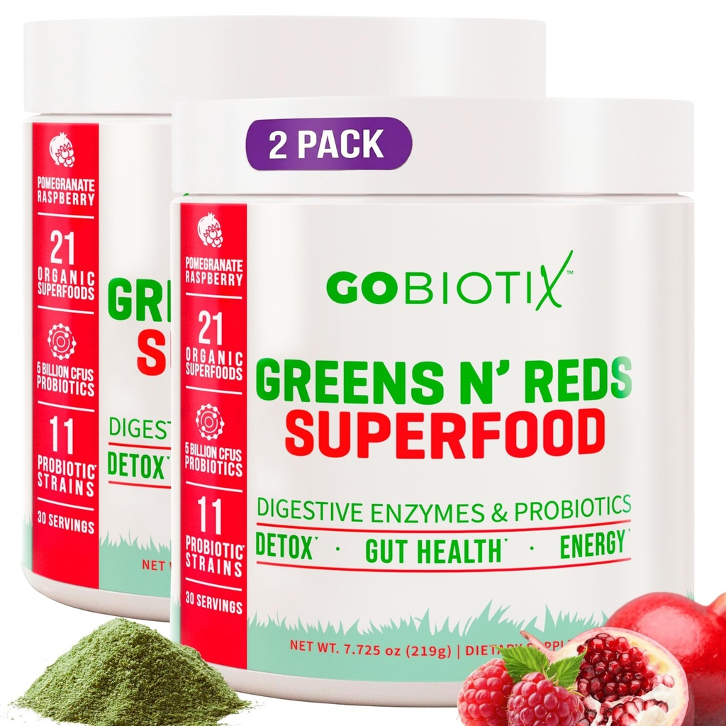 GOBIOTIX Super Verdes y Rojos Polvo - Superalimentos Rojos y Verdes - Suplemento Probiótico - Enzimas Digestivos y Polvo de Hoja - Suplemento dietético Orgánica Total de Alimentos (Pom Raspberry, 2 Pack)