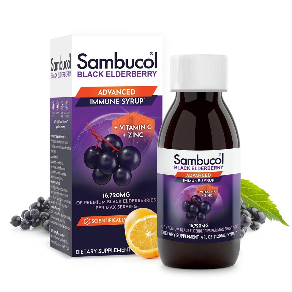 Sambucol Advanced Black Elderberry Syrup - Elderberry con zinc y vitamina C para adultos, Sambucus Elderberry Syrup, Elderberry Liquid - 4 Fl Oz