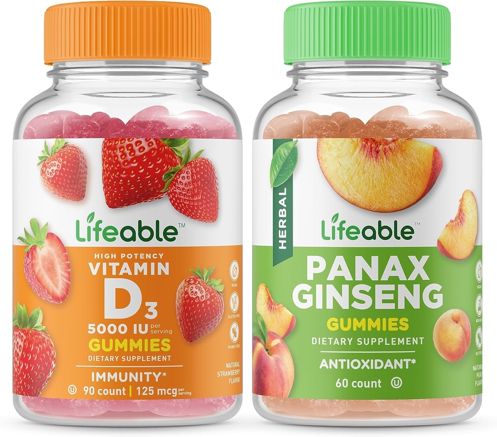 Lifeable Vitamin D 5000 IU + Panax Ginseng, Gummies Bundle - Great Tasting, Suplemento de vitamina, Gluten Gratis, GMO Gratis, Chewable Gummy