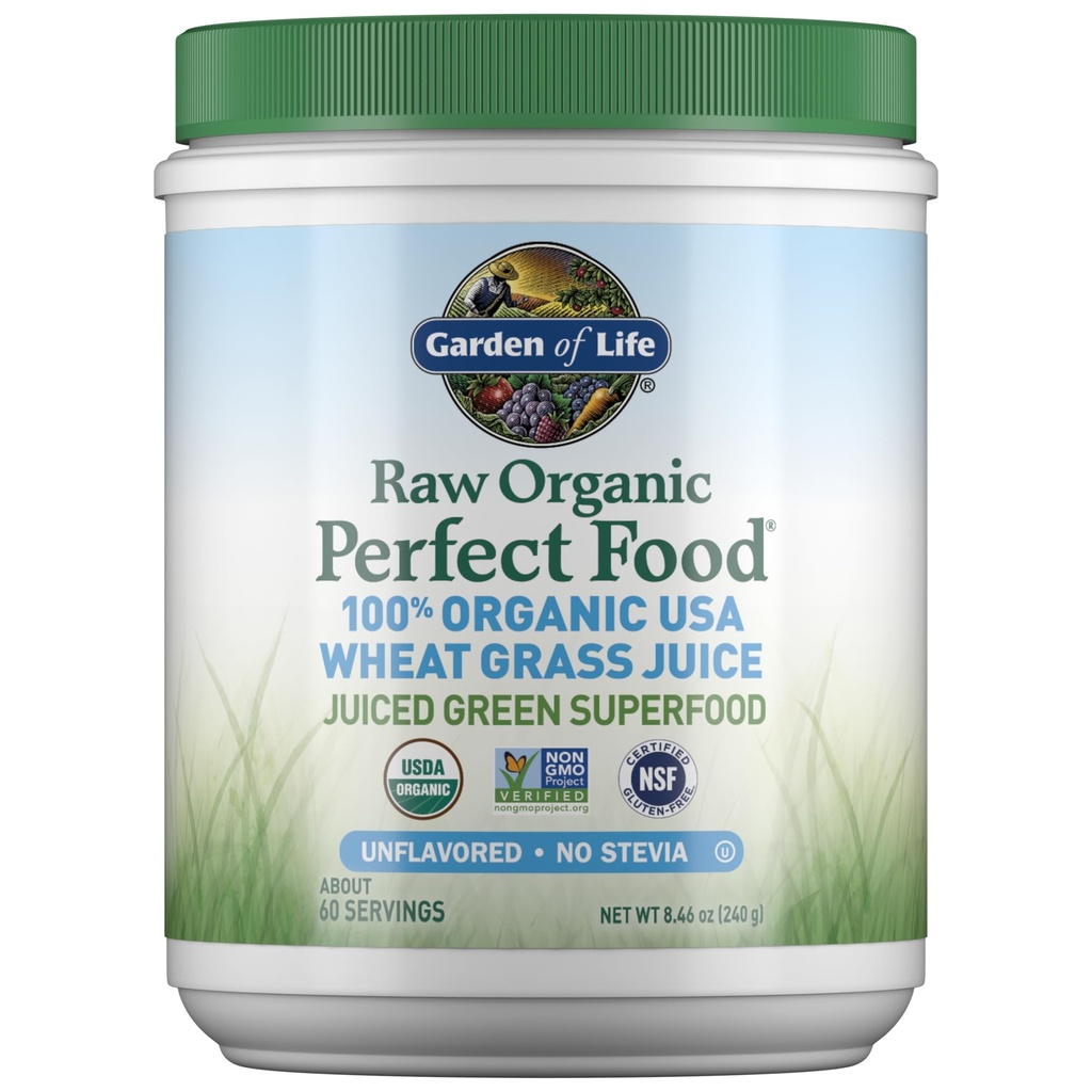 Garden of Life Raw Organic Perfect Food 100% Organic USA Wheat Grass Juice - Juiced Green Superfood Green Powder, 60 Servings - Stevia-Free, Non-GMO, Vegan, Gluten Free Whole Food Dietary Supplement