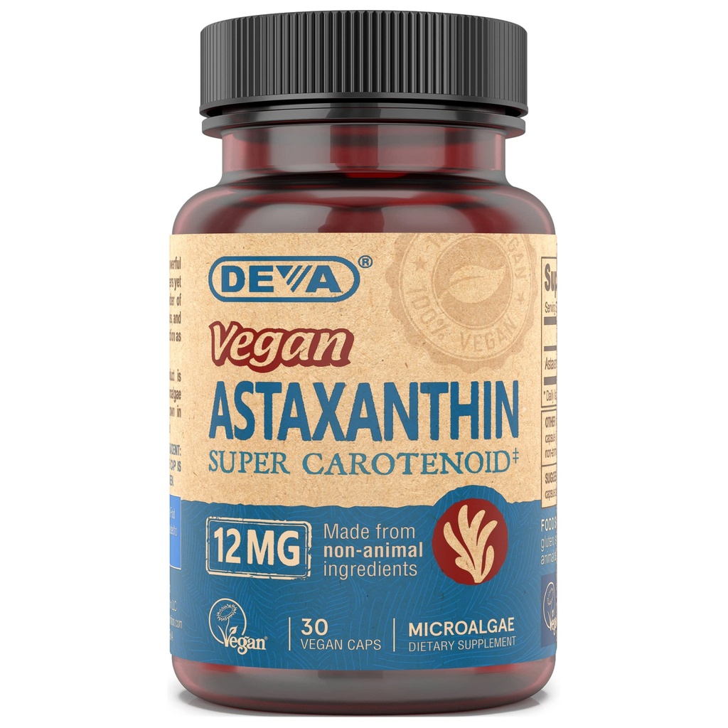 DEVA Nutrición Vitaminas Astaxanthin 12mg, Vegan, Hecho de Haematococcus Pluvialis Microalgae, 30 cápsulas, 1-Pack