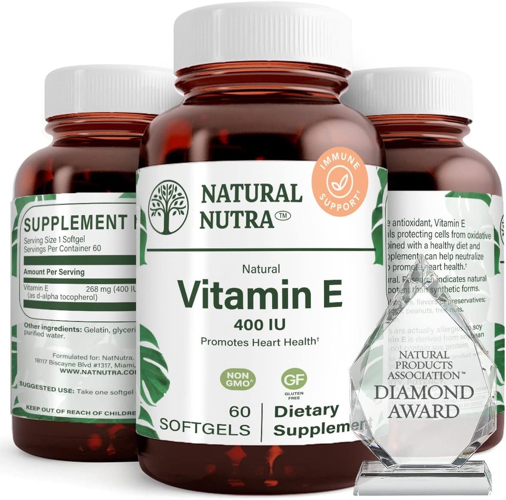 Natural Nutra Vitamina E 400 UI Suplemento, Enrich Health Nutrients, promueve la salud de la piel, mejora el crecimiento del cabello y uñas, apoya el nivel de grasa corporal, ayuda a la salud del corazón " protege la textura de la piel, 60 geles blandos