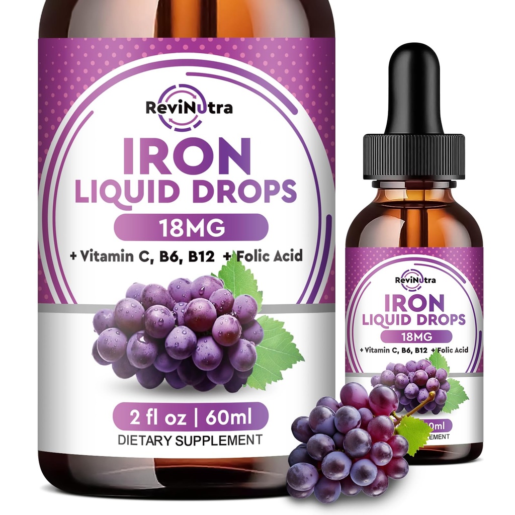 Suplemento de hierro líquido para mujeres, hombres y niños - gotas de hierro líquido con folato, vitamina C, B6, B12 para anemia, célula de sangre roja, apoyo energético - sabor de la uva, 2 Fl Oz
