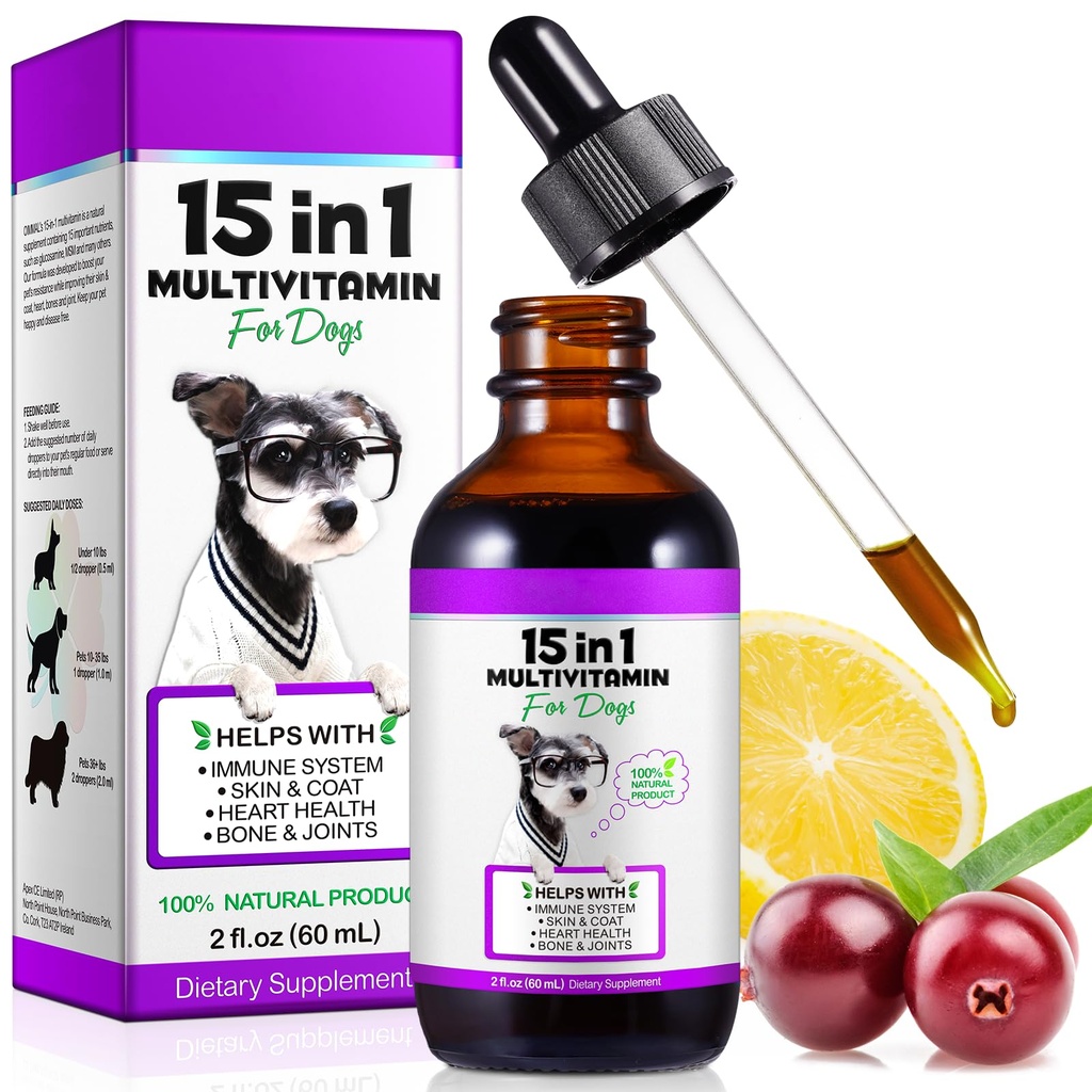 Perro multivitamínico,15 en 1 Perro Multivitamínico Líquido gotas Suplementos, Vitaminas de Perro para la Salud del Corazón, Huesos, Junta, Esquí y Carne, Vejiga, Sistema Inmunitario Soporte 60ml