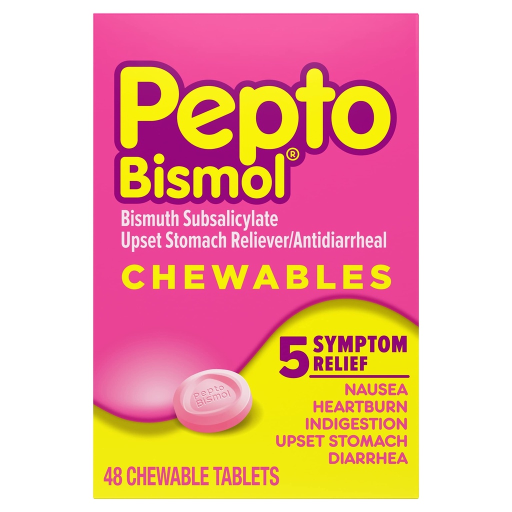 Pepto Bismol Chewable Tabletas para Nausea, Heartburn, Indigestión, Upset Stomach y Diarrea - 5 Symptom Fast Relief, Original Flavor, 48 ct