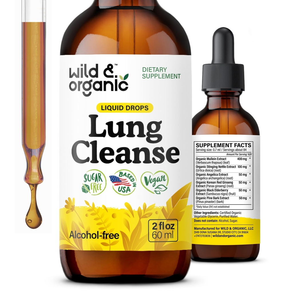 Wild &amp; Organic Lung Cleanse Tincture - Mullein Leaf Extract for Lungs - Herbal Detox Supplements - Vegan, Sugar &amp; Alcohol-Free Mullein Drops - 2 fl oz