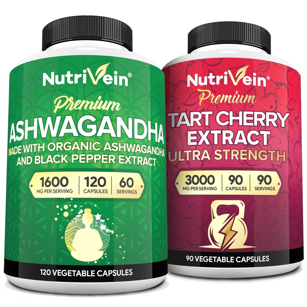 Nutrivein Premium Ashwagandha Capsules " Tart Cherry Capsules Bundle: High-Absorption Tart Cherry Extract and Ashwagandha Supplements for Recovery, Balance, and Vitality