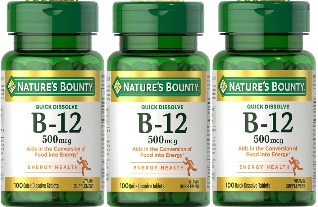 Rebono de la naturaleza B-12 Tablas de disuelve rápido 500 Mcg, 300 Tabletas (3 X 100 Botellas de Conteo)