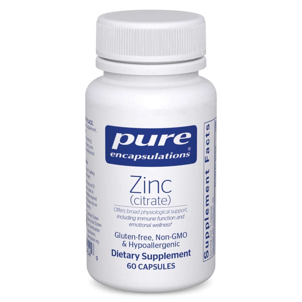 Pure Encapsulations Zinc (Citrate) - for Immune System, Tissue Development & Metabolism* - Suplemento mineral con Enzymes - Zinc altamente absorbible - Vegan " Non-GMO - 60 cápsulas