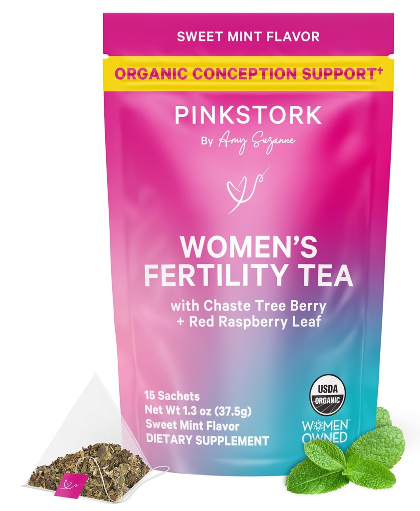 Pink Stork Organic Fertility Tea for Women ← Fertility Supplements for Women with Chaste Tree Berry (Vitex) + Red Raspberry Leaf ← Hormon Balance Herbal Tea for Conception Support  USDA Organic, Caffeine Free - Sweet Mint, 15 Sachets