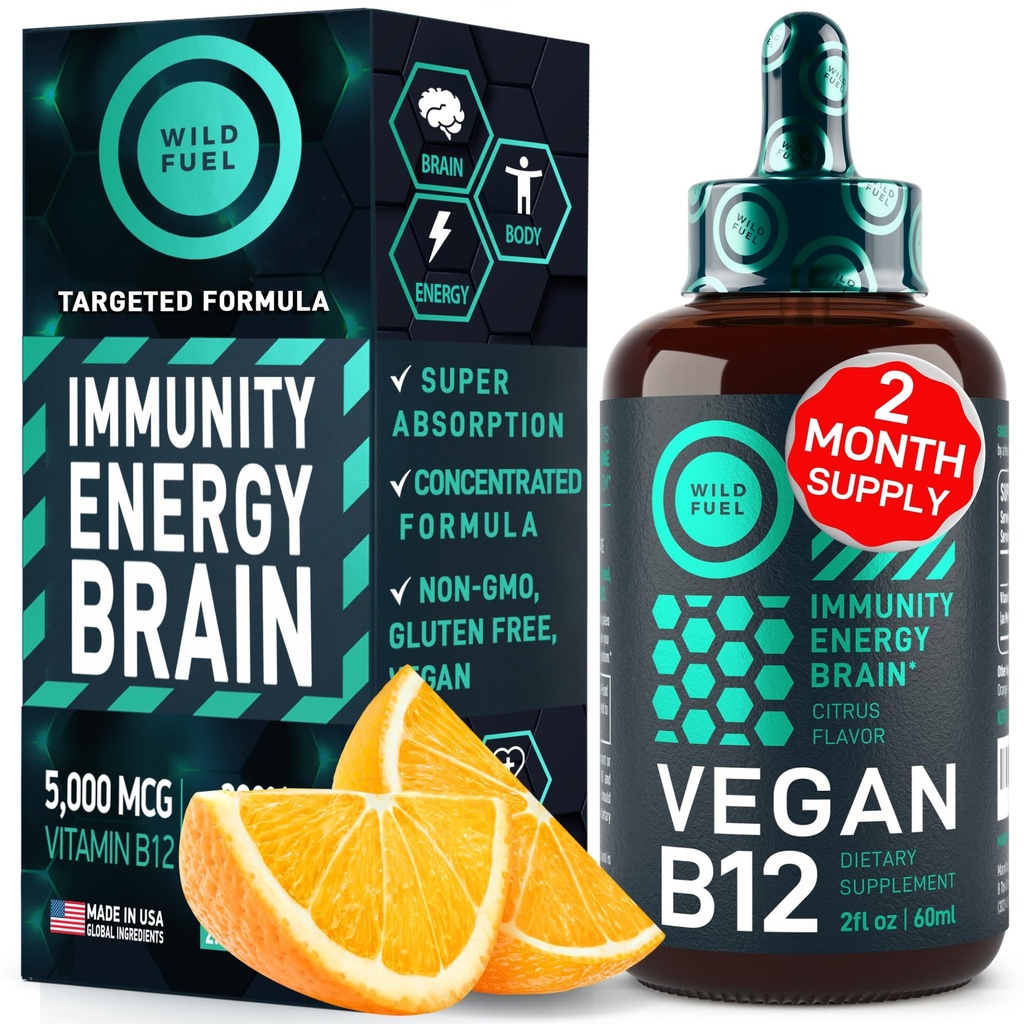 Vitamina Vegana B12 Liquid Drops - Actuación rápida B12 Sublingual 5000 mcg Metilcobalamin Suplemento - Energía, memoria y soporte de humor - High-Potency One-Dropper Por día - Natural Citrus Flavor - 2oz