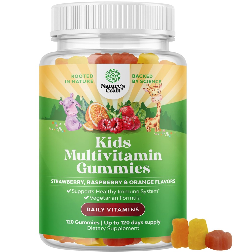 Natures Craft Plant Based Kids Multivitamin Gummies - Multivitamínico para niños Immunity Support Gummies with Vitamins A C D3 E B and Zinc Gelatin and Gluten Free Non-GMO Vitamins Gummy Formula 120ct