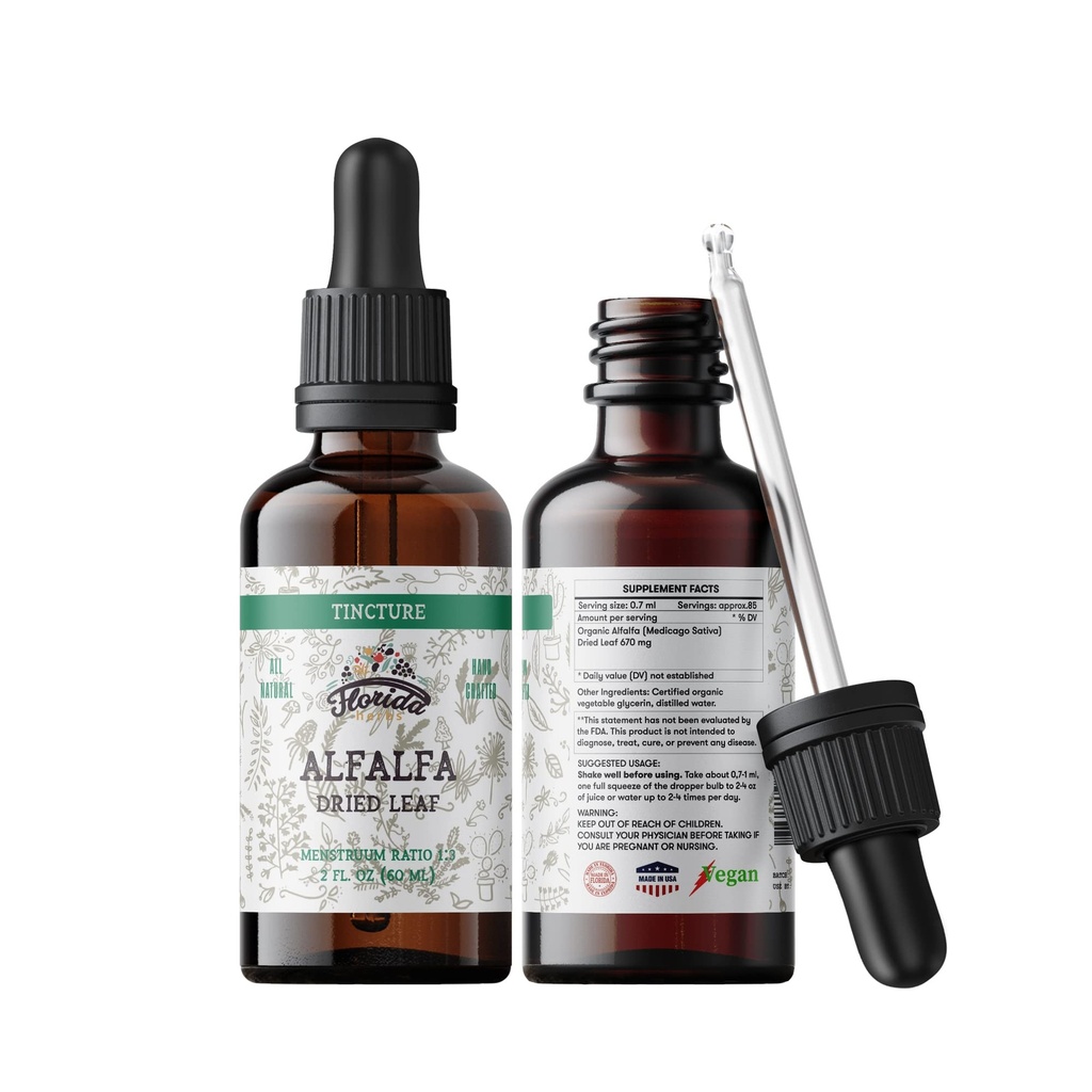 Alfalfa Tincture, Extracto de Alfalfa Orgánica (Medicago Sativa) Hoja seca, Extracto Antioxidante para Apoyo Inmunitario, No GMO en Glice vegetal orgánico presidida Glicerina 2 oz, 670 mg