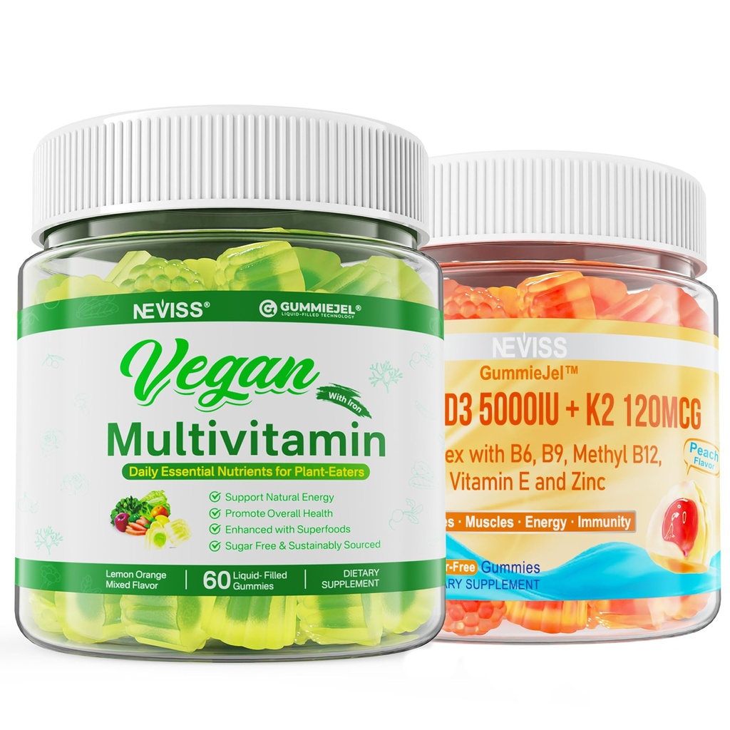 NEVISS Vitamina D3 5000IU + K2 (MK-7) 120mcg con Multivitamina Vegan para Mujeres Hombres con Hierro, Vitamina B12, A, D3, K2, Algae Omega 3, Magnesio, Zinc