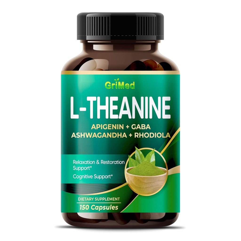 GriMed L-Theanine 11,900mg- X10 Power with Apigenin, GABA Ashwagandha, Rhodiola - Relax " Restoration Focus and Memory - Made in USA (150 Count (Pack of 1))