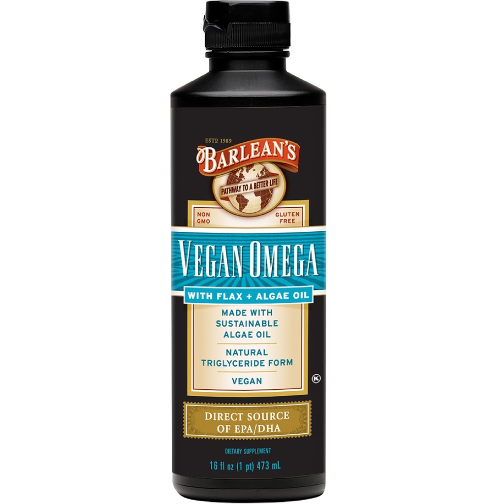 Barlean Vegan Omega Líquido Flax y Algas Planta de aceite EPA DHA Suplemento de Algal Oil y Flaxseed Orgánico, Omegas 3 6 y 9 Suplementos de ácidos grasos, 16 onzas