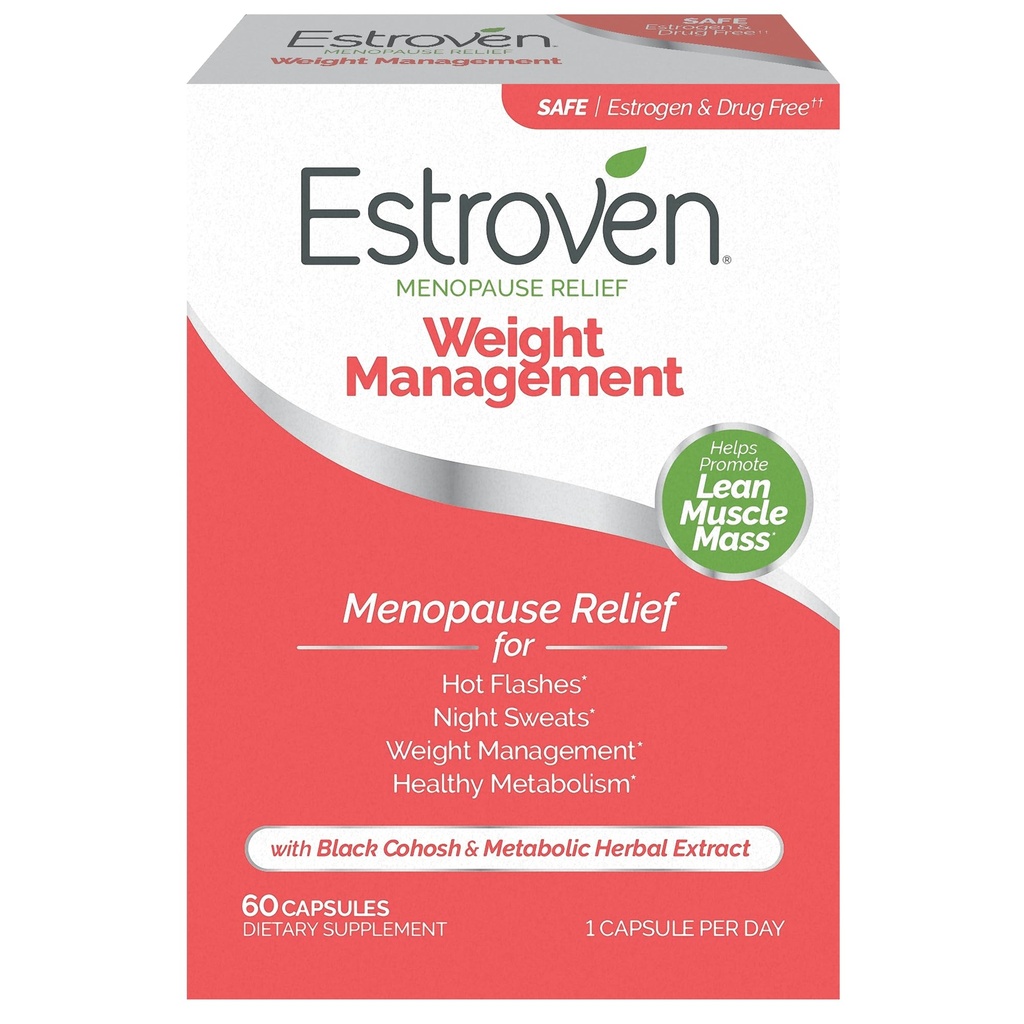 Gestión de peso estroven para el alivio de la menopausia - 60 Ct. - Ingredientes clínicos ayudan a manejar peso, proporcionar sudaderas nocturnas " Hot Flash Relief - Drug-Free " Gluten-Free