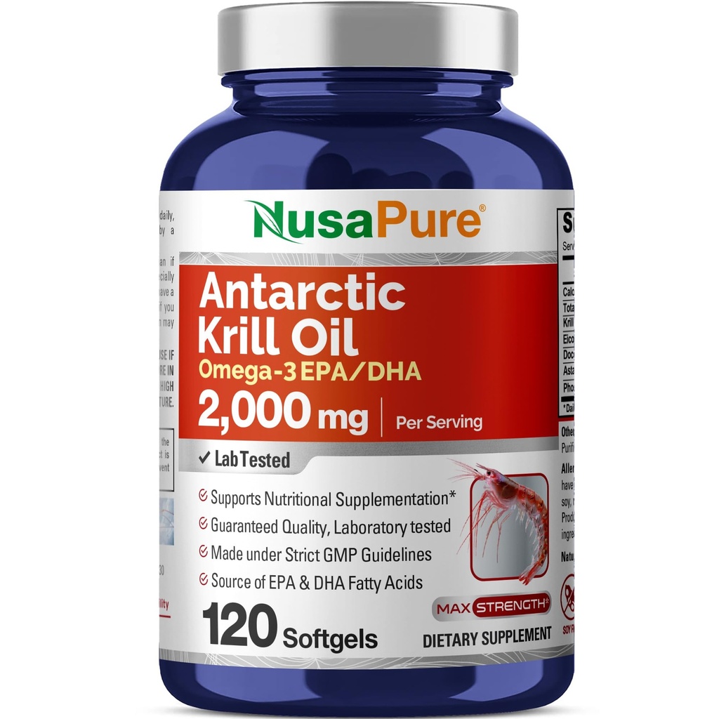 NusaPure Aceite de Krill Antártico 2000 mg 120 Softgels, Omega-3 EPA 360mg, DHA 240mg, Suplemento de Astaxanthin sin soja procedente de Krill 800ppm