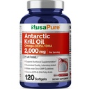 NusaPure Aceite de Krill Antártico 2000 mg 120 Softgels, Omega-3 EPA 360mg, DHA 240mg, Suplemento de Astaxanthin sin soja procedente de Krill 800ppm