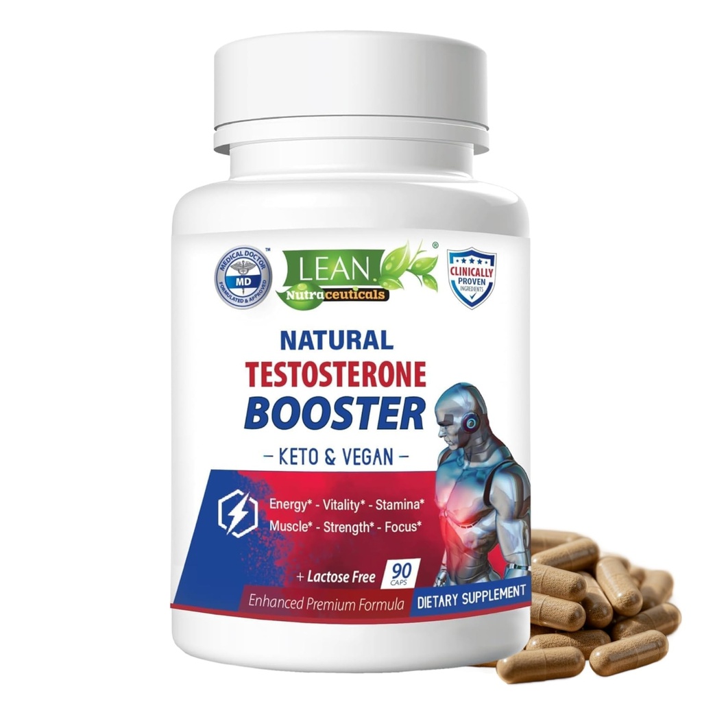 LEAN Nutra Testosterona Booster para Hombre – Suplemento natural vegano con Tongkat Ali, DHEA, Maca Root, Tribulus, Horny Goat Weed, Zinc, Boron, D-Aspartic Acid – Boost Strength, Energy, Muscle – 90 Caps