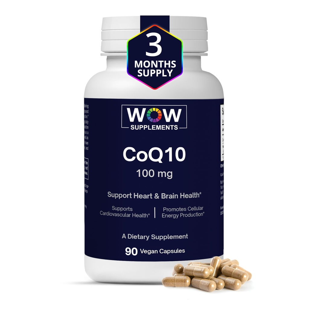 WOW Supplements CoQ10 100 mg with Hawthorn Berry - High Absorption CoQ10 100mg for Energy Production, Heart and Cellular Health - Non-GMO, Gluten-Free Coenzyme Q10 100mg Suplemento - 90 cápsulas