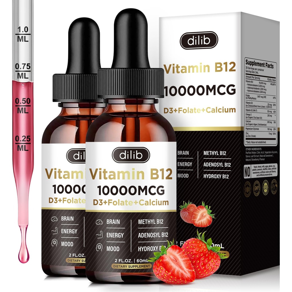 Vitamina B12 Liquid Drops Sublingual 10000 mcg, Triple B-12 Suplemento Complejo, Metilcobalamina Blend for Women &amp; Men, Mood & Energy Booster, Metabolism & Health Support, 2 Pack