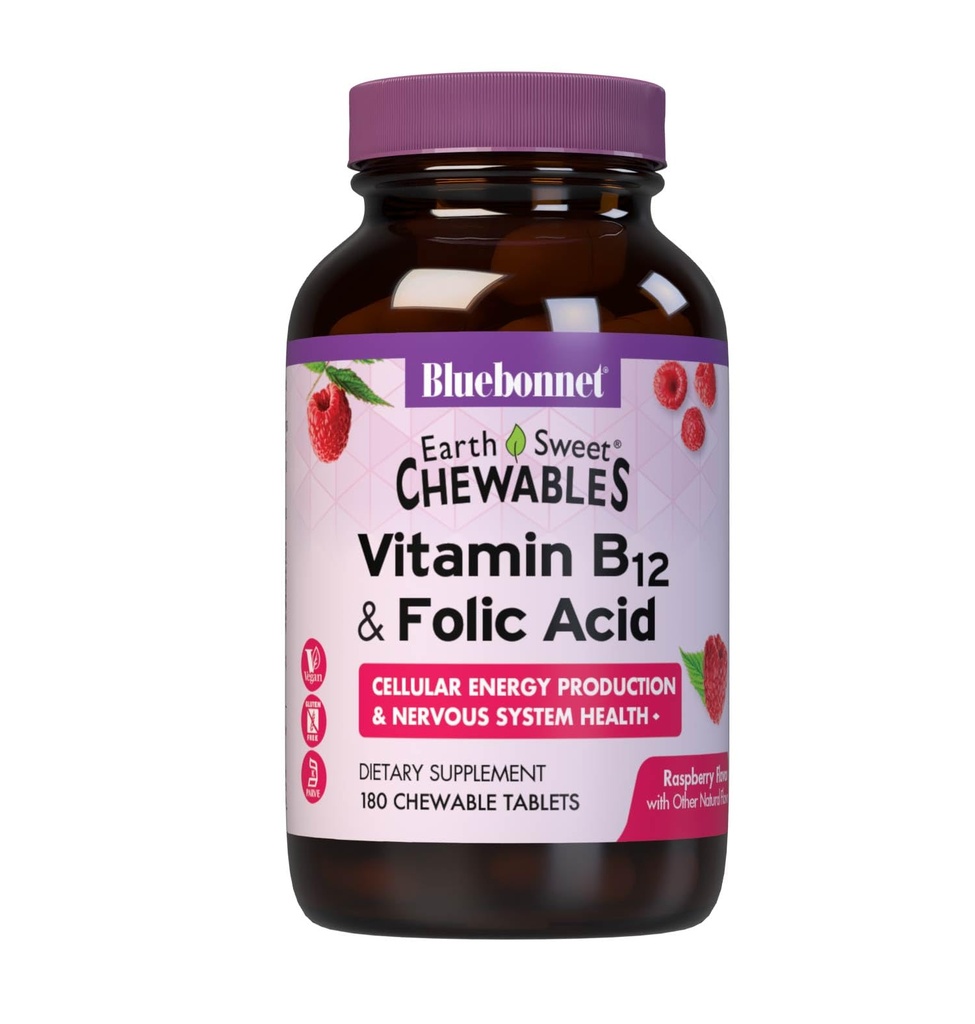 Bluebonnet Nutrition Earth Sweet Vitamin B12 1000 mcg " Folic Acid 400mcg Brain Health " Energy* Vitaminas para Hombres Mujer - Vegan, Gluten-Free Raspberry B 12 Vitamina - 180 Chewable Tablets
