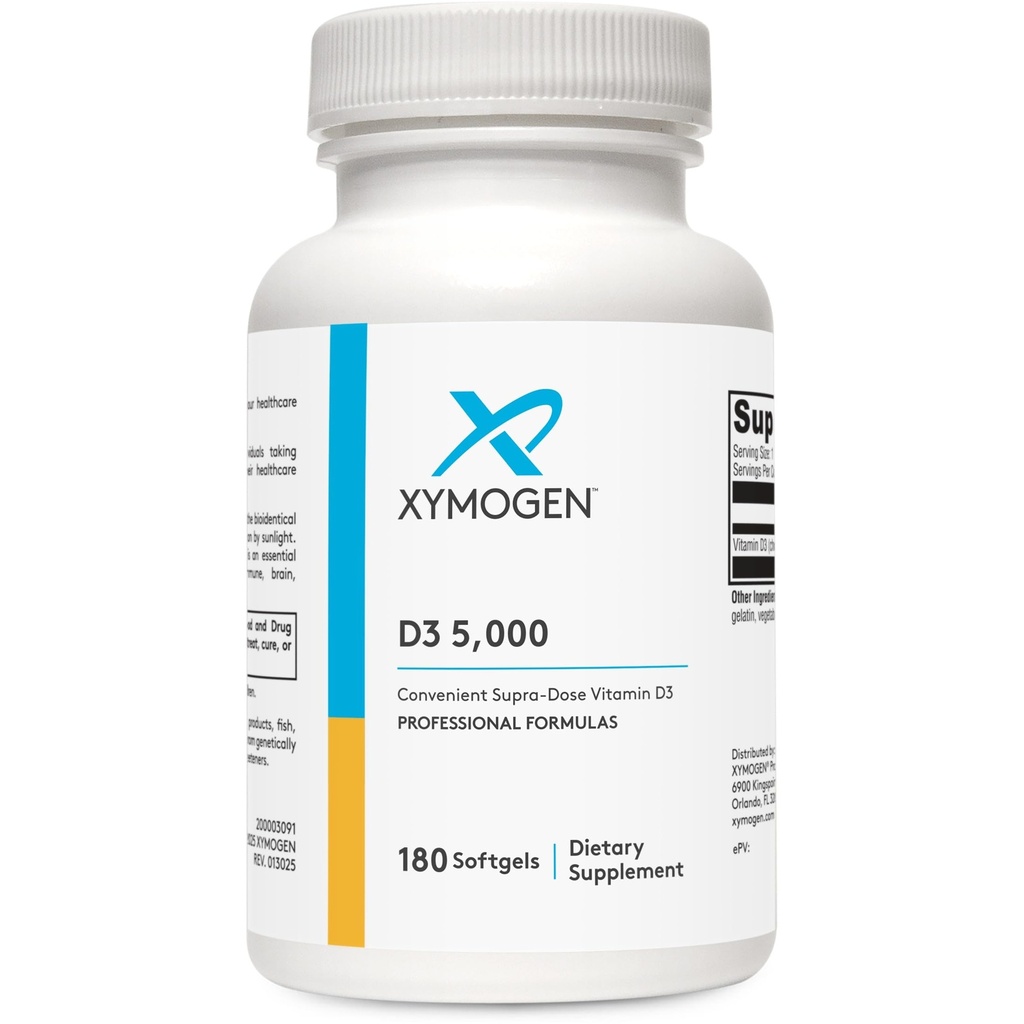 XYMOGEN D3 5000 - Vitamina Biodisponible D3 5000 UI (125 mcg) - Alta Potencia Vitamina D Suplemento de Apoyo Salud Inmunitaria, Hueso + Salud cardíaca (180 Softgels)