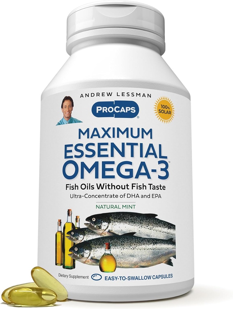 ANDREW LESSMAN Maximum Essential Omega-3 Mint - 60 Softgels - Ultra-Pure, Alta Potencia Omega-3 Oils. High DHA, No Stomach Upset, No Contaminants, No Mercury. Pequeño fácil de absorber Softgels