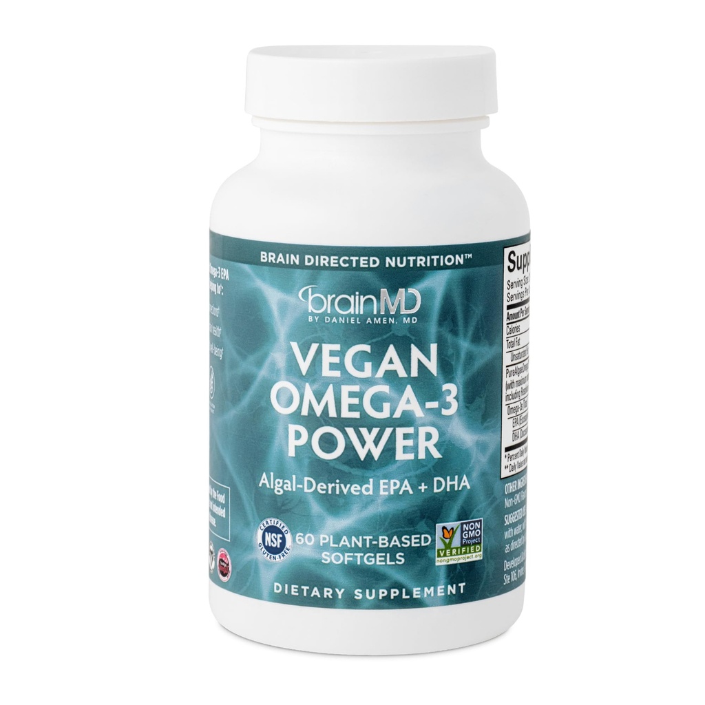 BRAINMD Dr Amen Vegan Omega-3 Power - 60 Softgels de base vegetal - 1,100 mg de EPA &amp; DHA - Asistencias Focus, Memory & Heart Health - Vegan, Gluten Free " Non-GMO - 30 Servimientos