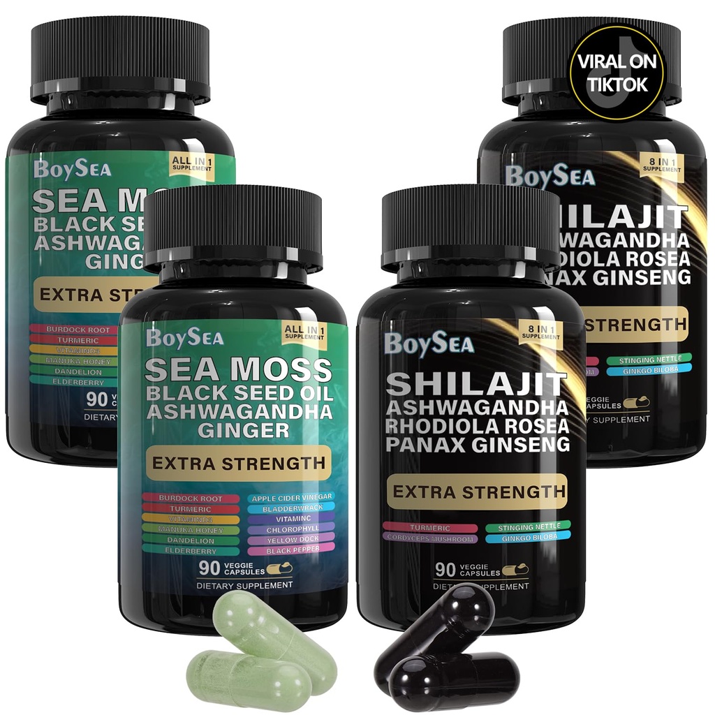 Boysea. Shilajit y Sea Moss Bundle- 90 Count - Sea Moss, Black Seed Oil, Ashwagandha, Ginger & Shilajit, Rhodiola Rosea, All in 1 Supplements (2 Pc)