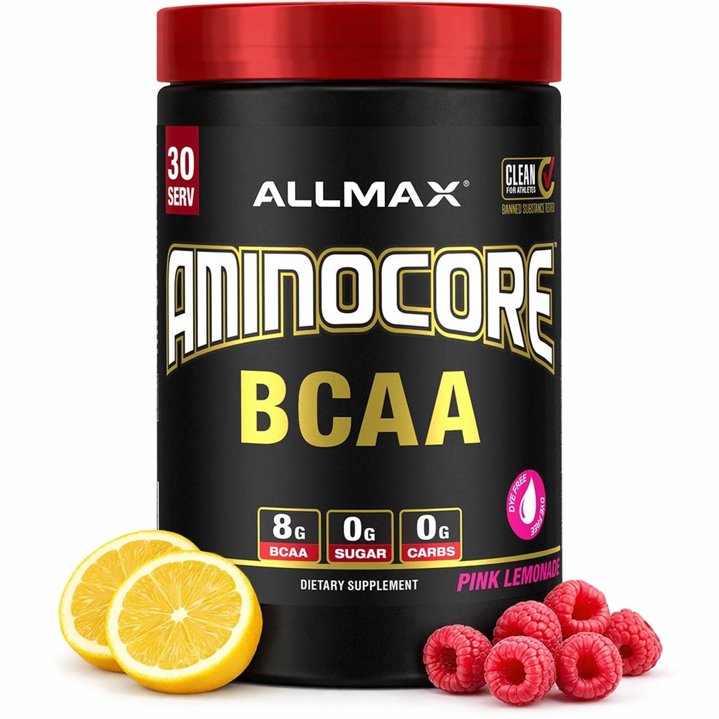 ALLMAX Nutrition AMINOCORE BCAA – 8G BCAAs – 100% Pure Branch Aminoácidos encadenados – Gluten Free - Pink Lemonade - 315 Gram