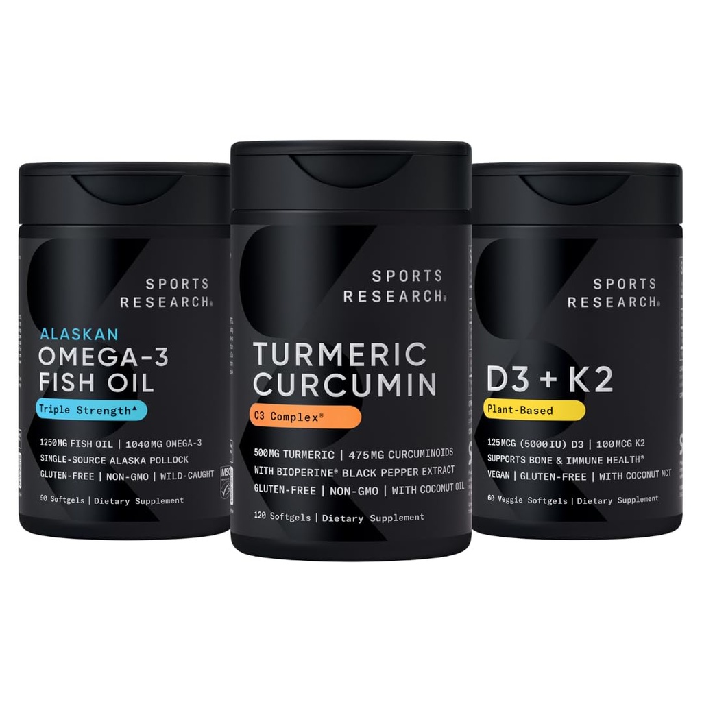 Sports Research Wild Alaskan Pollock Omega 3 Fish Oil 90 Softgels (1250 mg), Turmeric Curcumin C3 Complex (120 Softgels) y Vegan 5000 IU Vitamina D + 100mcg Mk7 Vitamin K (60 Softgels)