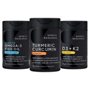 Sports Research Wild Alaskan Pollock Omega 3 Fish Oil 90 Softgels (1250 mg), Turmeric Curcumin C3 Complex (120 Softgels) y Vegan 5000 IU Vitamina D + 100mcg Mk7 Vitamin K (60 Softgels)
