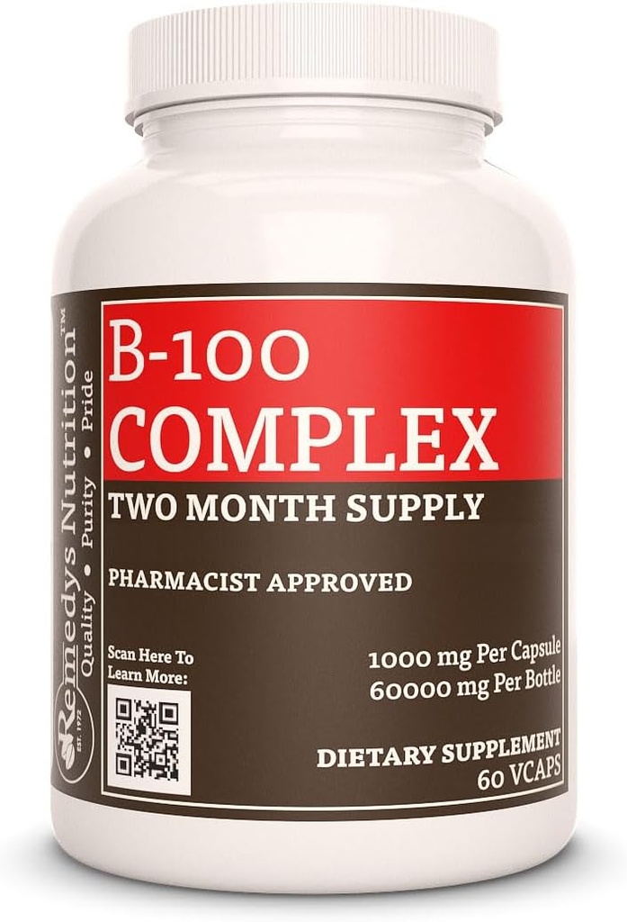 Nutrición de Remedy Vitamina B-100 Complejo tención1.000 mg, 60 cápsulas veganas Suplemento dietético 