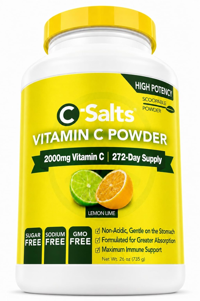 C-Salts Vitamina C Suplemento de Polvo - 100% Pura de alta dosis Buffered Vitamin C Powder para Immune Support - Organic, Sugar-Free, Vegan, No GMO, Stomach-Friendly, Lemon Lime 26oz
