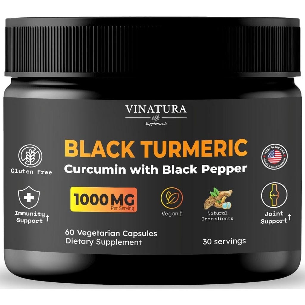 VINATURA Black Turmeric, Curcumin with Black Pepper 1000mg - Turmeric Curcumin with Turmeric Black - Curcuma Caesia, Curcuma Longa, Black Pepper 95% Piperina - 60 cápsulas 30 Serviciones