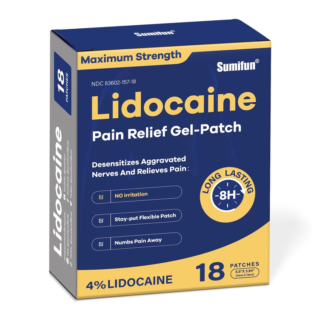 Sumifun 4% Lidocaine Pain Relief Patches - OTC Maximum Strength – Flexible & Long-Lasting, 18-Count Lidocaine Patches for Back, Neck, Muscle, Joint Pain - Unscented Pain Pain