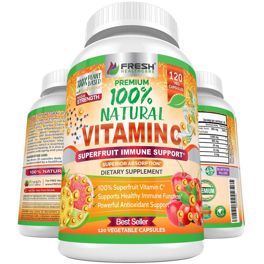 Salud Fresco 100% Natural Vitamina C - 500 mg de Rose HIPS, Acerola Cherry &amp; Camu Camu - Alto Absorption Immune Support, Skin, Conjunto &amp; Collagen Booster con Citrus Biflavonoids - 120 cápsulas