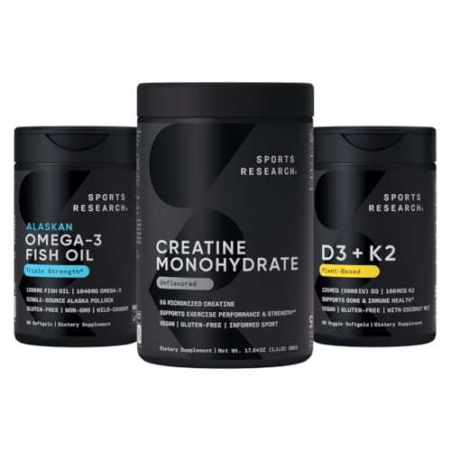 Sports Research Triple Fuerza Omega 3 Fish Oil - Burpless Fish Oil Supplement w/EPA & DHA Fatty Acids, Creatine Monohydrate " Plant Based Vitamin D3 K2 with Coconut Oil