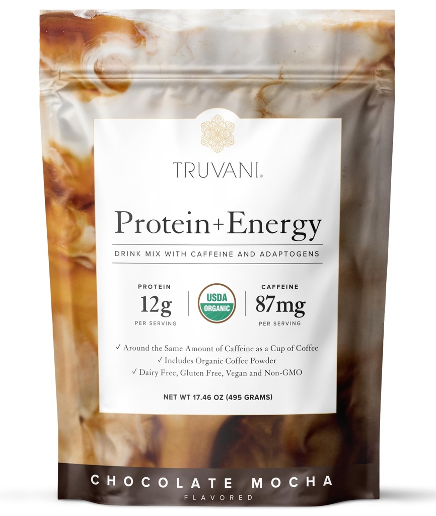Truvani Protein + Energy Drink Mix with 87mg Caffeine TEN Chocolate Mocha TEN 12g Organic Plant Based Protein TEN 20 Servings ANTE USDA Organic Coffee Powder " Adaptogens TEN Gluten " Dairy Free TEN Vegan
