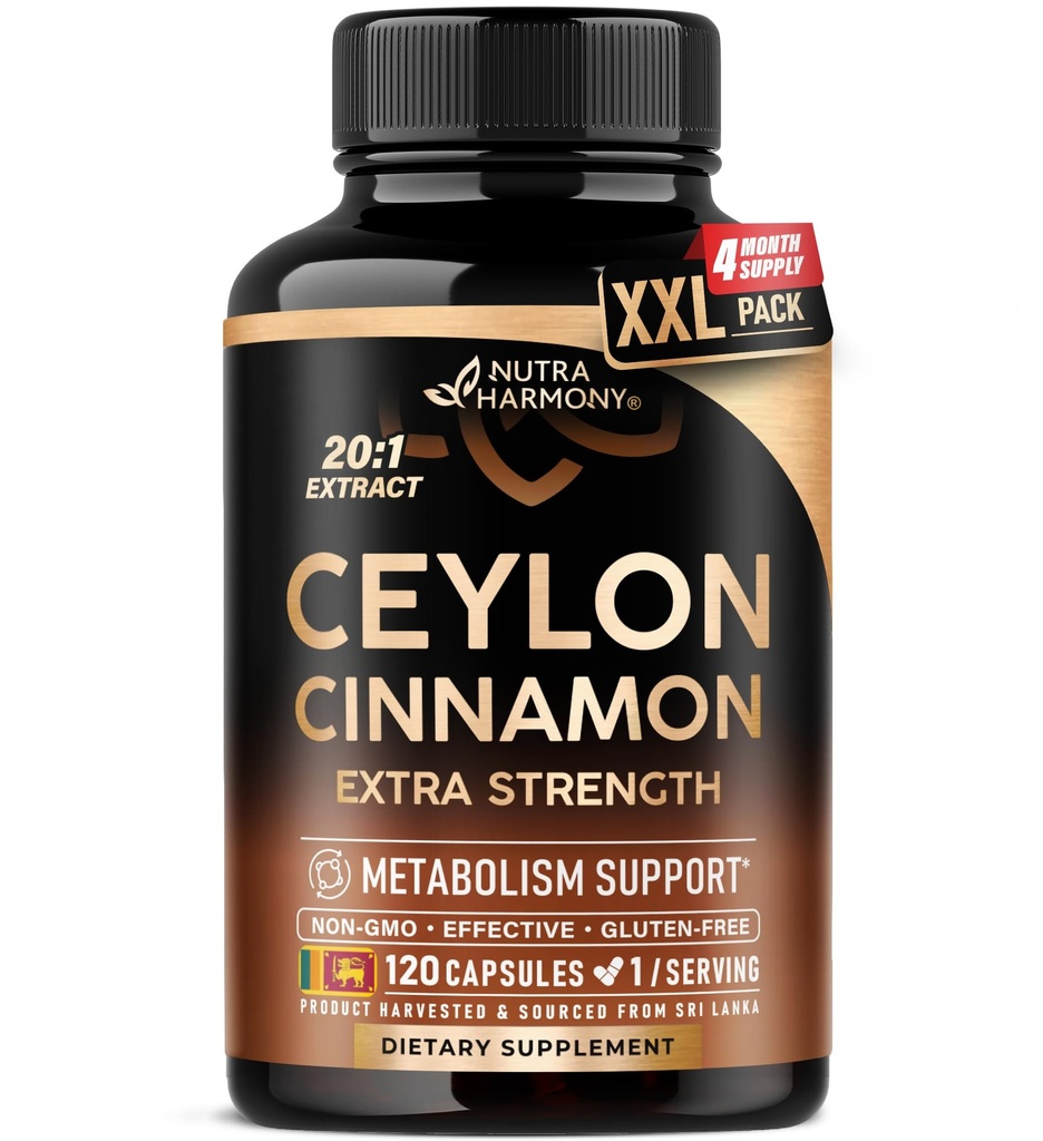 Ceylon Cinnamon Capsules - Extra Strength - Energía, Corazón & Metabolismo Apoyo - para Hombres &amp; Mujeres - Puro Extracto Natural 20:1 Suplemento - Hecho en EE.UU. - GMO &amp; Gluten Gratis, 120 Capsules, 4 Month Supply