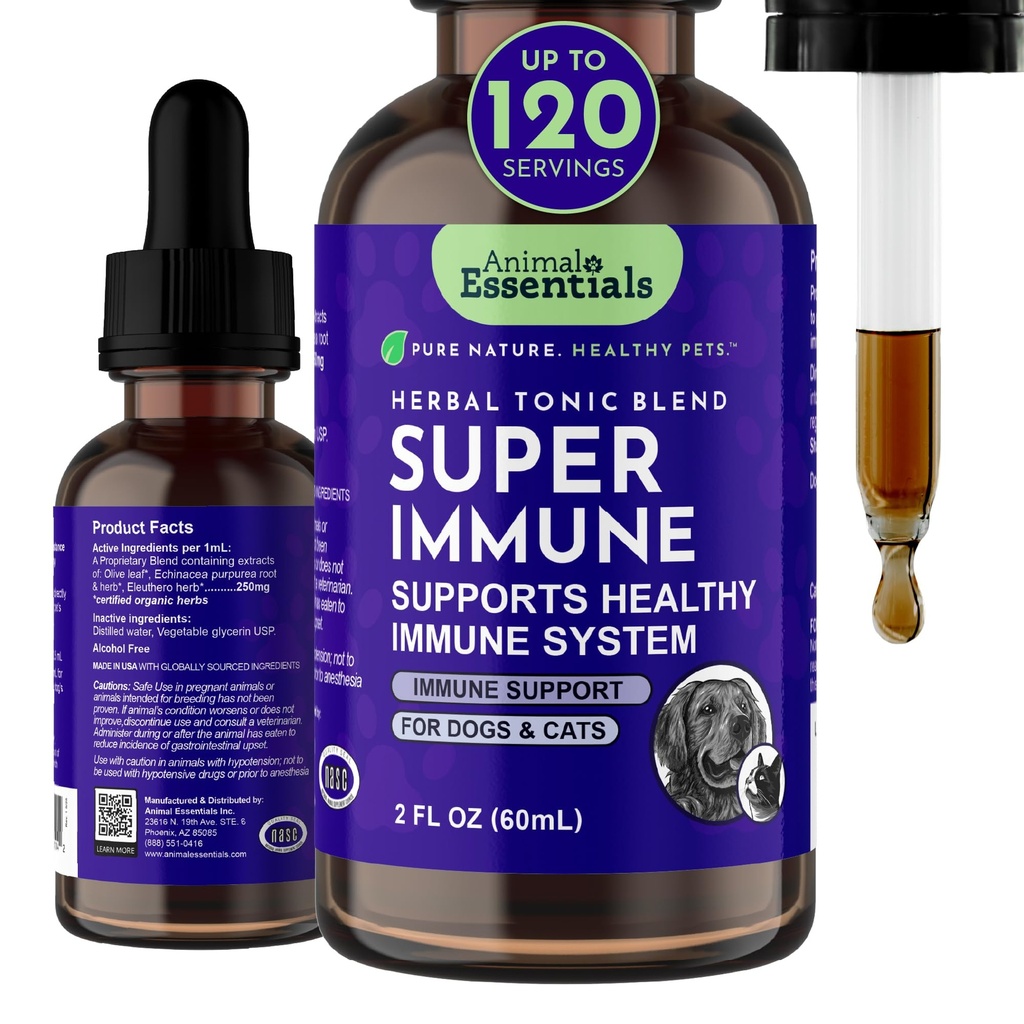 Animal Essentials Super Immune - Dog &amp; Cat Immune Support for Puppies with Olive Leaf Extract &amp; Echinacea, Olive Root for Dogs, Supports Respiratory Health &amp; Global Wellness - 2 fl oz