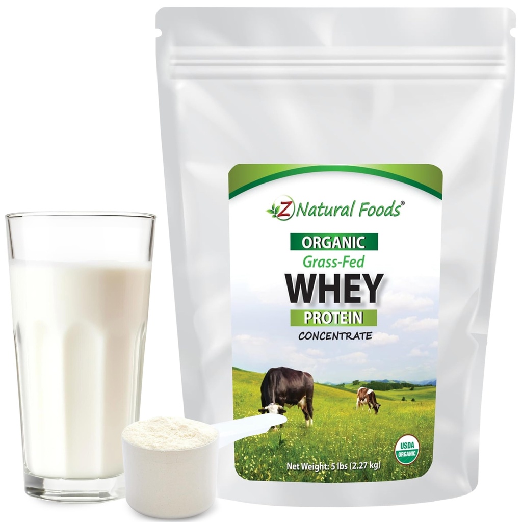 Z Natural Foods Organic Whey Protein Concentrate - Nutrient-Dense Grass Fed Whey Protein Powder - Cold Procesado Puro Whey Protein con Aminoácidos Esenciales para Nutrición &amp; Fitness, Sin sabor, 5 libras