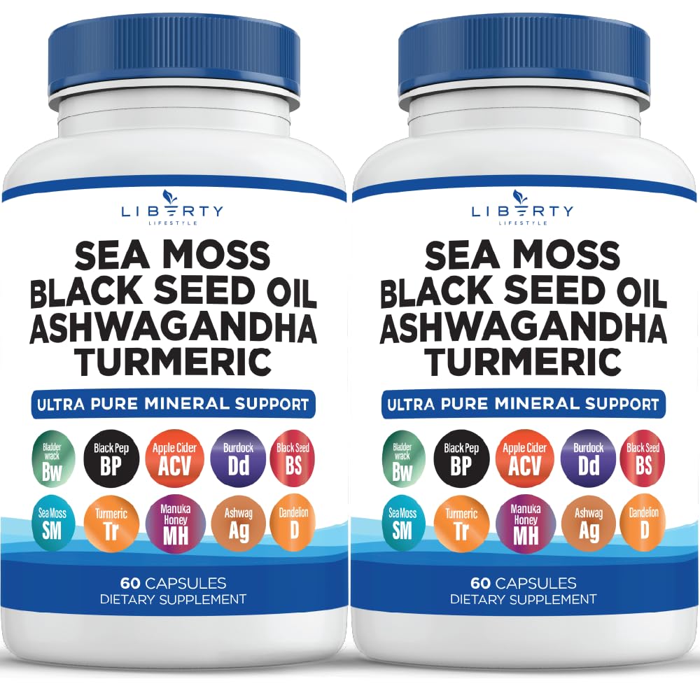 Sea Moss Black Seed Oil Ashwagandha Turmeric Bladderwrack Burdock - con Manuka, Honey Dandelion, ACV Black Pepper Gluten Gratis - 2-Pack