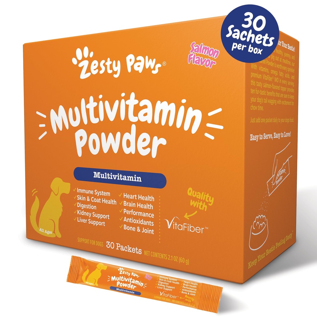 Zesty Paws 10-in-1 Dog Multivitamin - Gut, Immune, Joint, Skin &amp; Coat Support, and More - Dog Vitamins and Supplements Powder - Pet Supplements with Omega Fish Oil &amp; VitaFiber - Salmon - 30 Ct