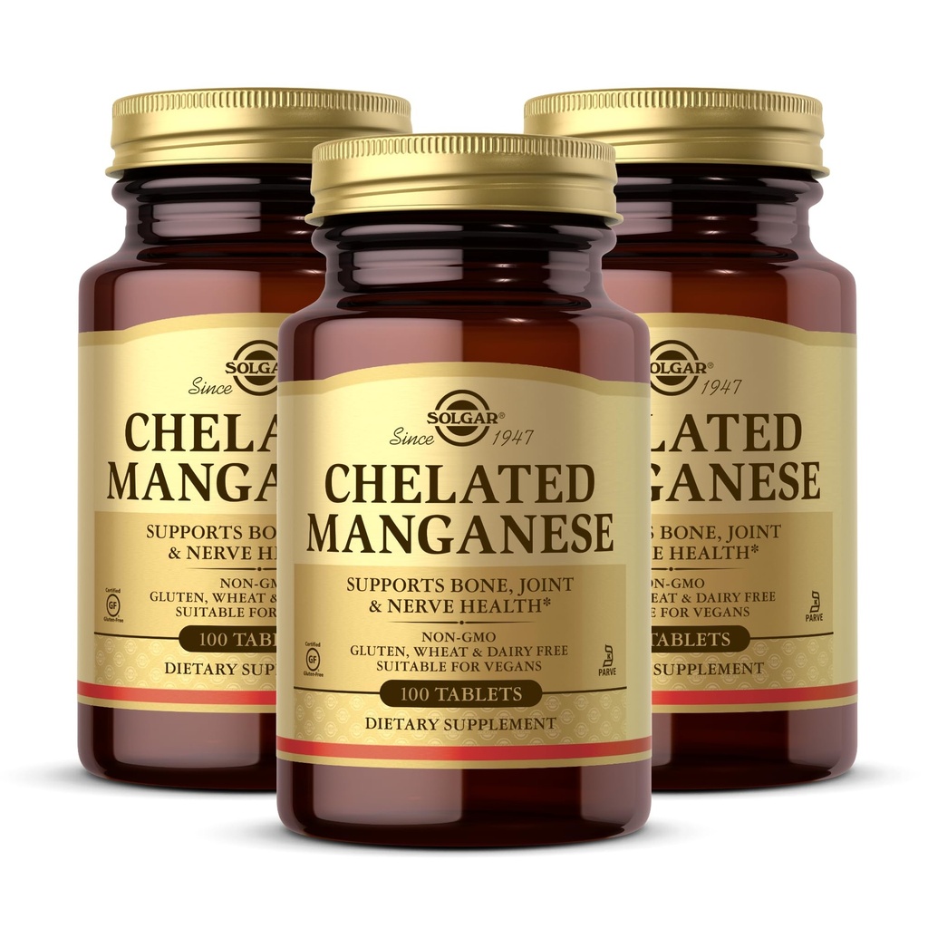 Solgar Manganese Chelated - 100 Tablets, Pack of 2 - Supports Bone, Joint & Nerve Health - Non-GMO, Vegan, Gluten Free, Dairy Free, Kosher - 200 Total Servings