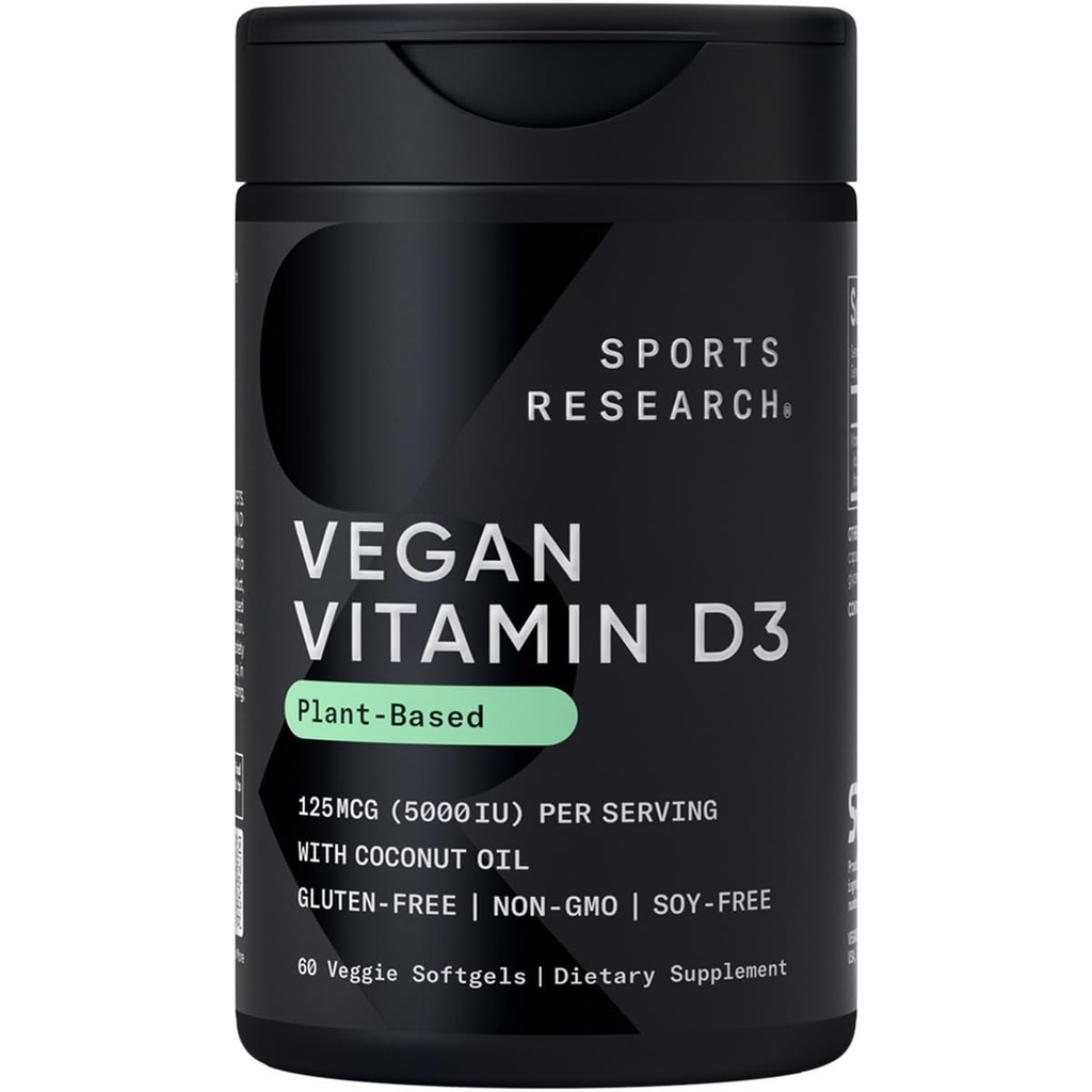 Investigación Deportiva Vegan Vitamina D3 5000IU (125 mcg) con aceite de coco TENIDO 100% Vitamina D de base vegetal para el hueso, Soporte Conjunto &amp; Inmunitario TEN Carrageenan Libre, Certificado Vegano " No GMO Verificado (60 Softgels)